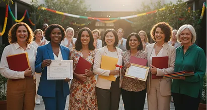 Women holding certificates at a graduation ceremony